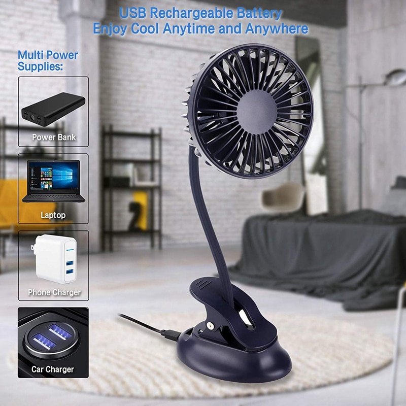 Portable Mini Clip Stroller Fan,3 Speeds Settings,Flexible Bendable Usb Rechargeable Battery Operated Quiet Desk Fan For Home,